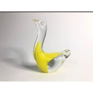 art glass swan crystal clear yellow paper weight desk decor mid century